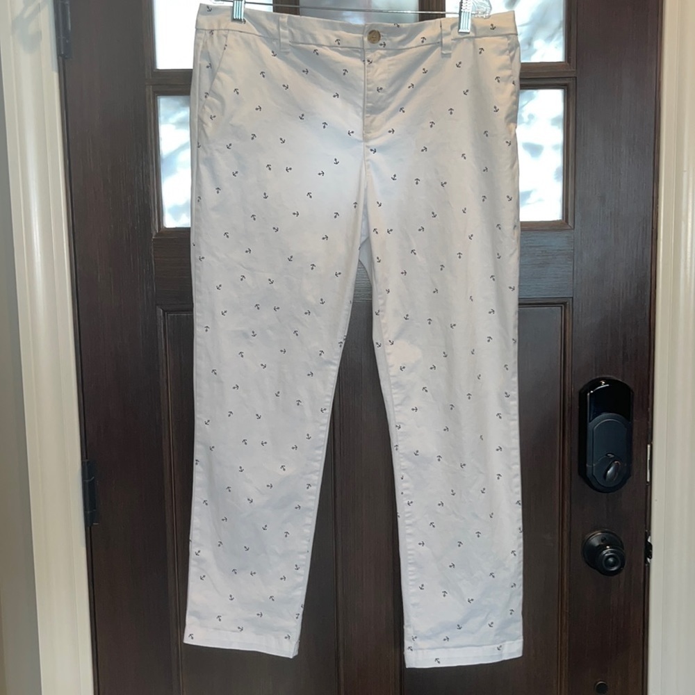 Tommy Hilfiger white preppy pants navy anchors Stretch slim ankle 14 nautical